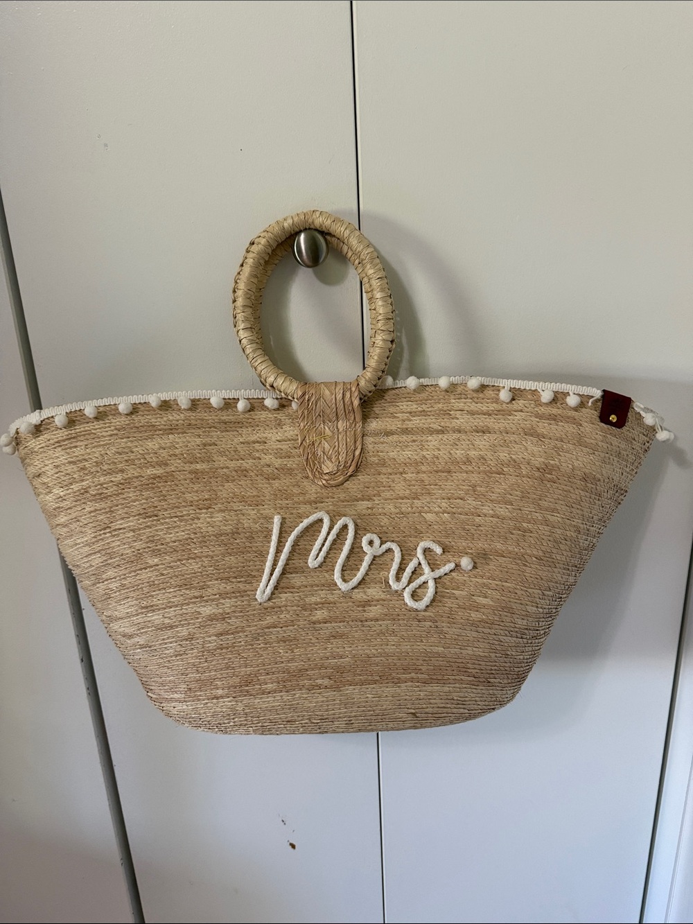 Natural Straw 'Mrs.' Tote Bag with Pom Trim